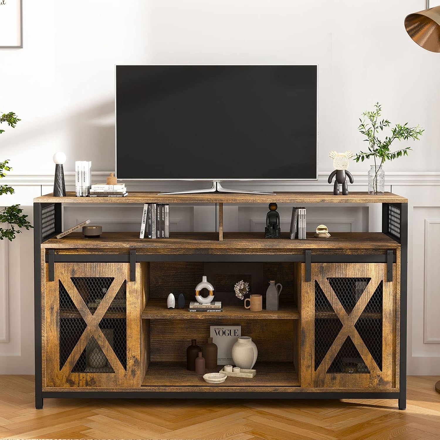 TV Stand with Sliding Barn Doors, Entertainment Center with Adjustable Storage Shelves, up to 65'', Rustic Brown