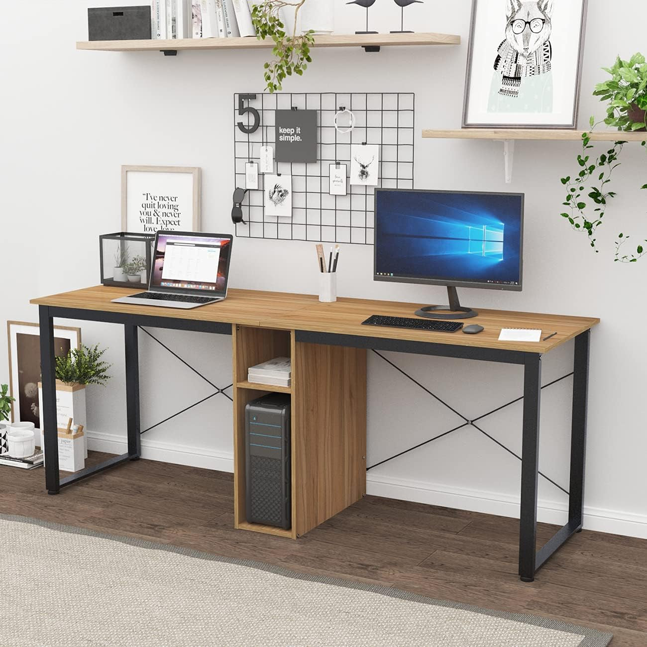 2 Person Desk, 78 Inch Large Dual Desk with Storage Cube, Long Computer Desk for 2 Person, Oak