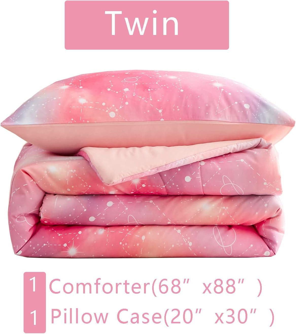 Pink Ombre Glitter Galaxy Comforter Set Twin Size for Girls, Sparkle Constellation Starry Sky Comforter, 2 Piece Soft Microfiber Bedding Sets with 1 Pillow Case (Pink,Twin)