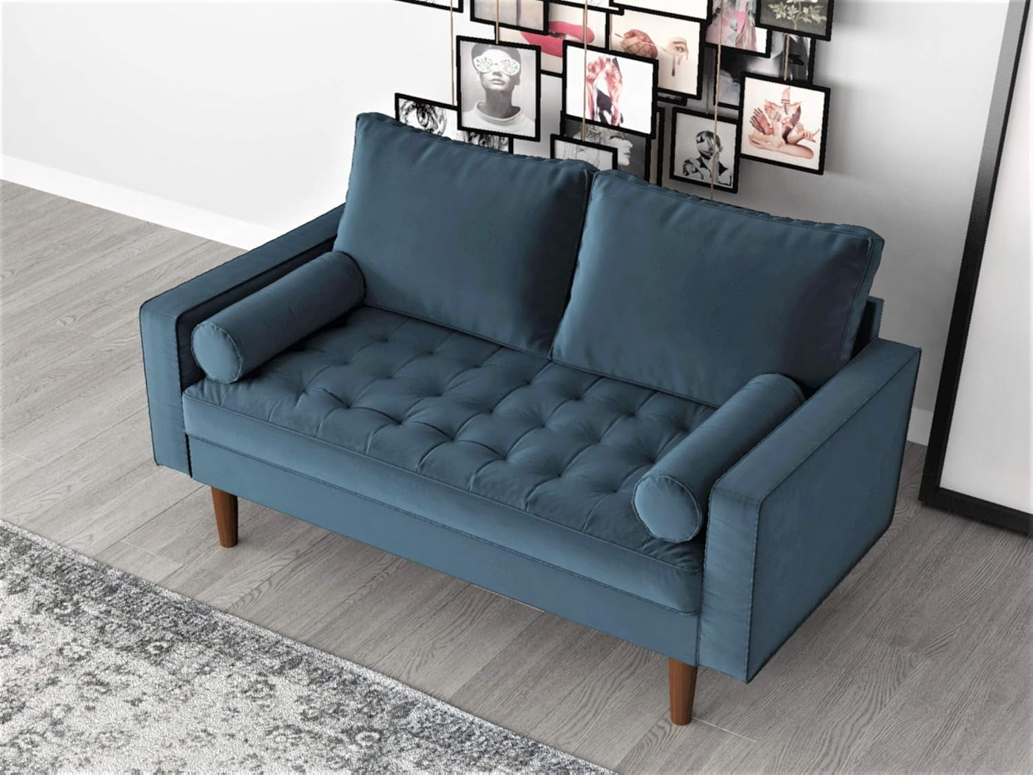 Womble Mid Century Modern Velvet Upholstered Tufted Seat with Bolster Pillows, Loveseat, Oxford Blue