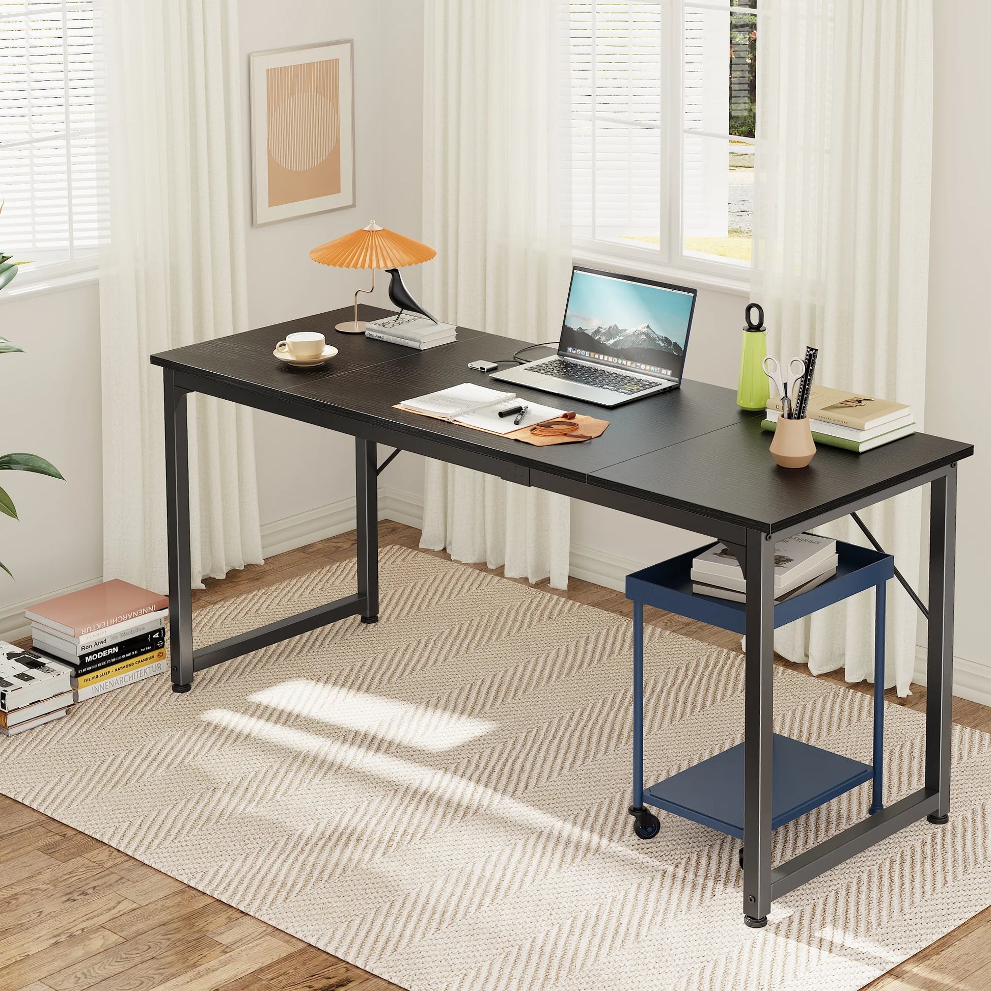 62" Computer Desk, Table with Metal Frame, Black