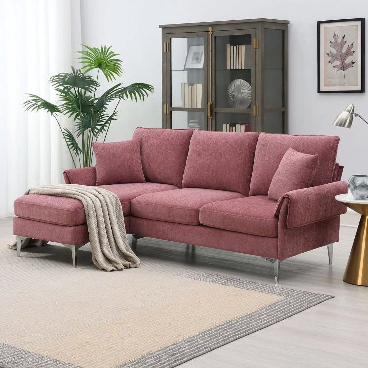 84" Convertible Sectional Sofa Couch, L Shaped Couch with 2 Pillows, 3 Seater, Pink