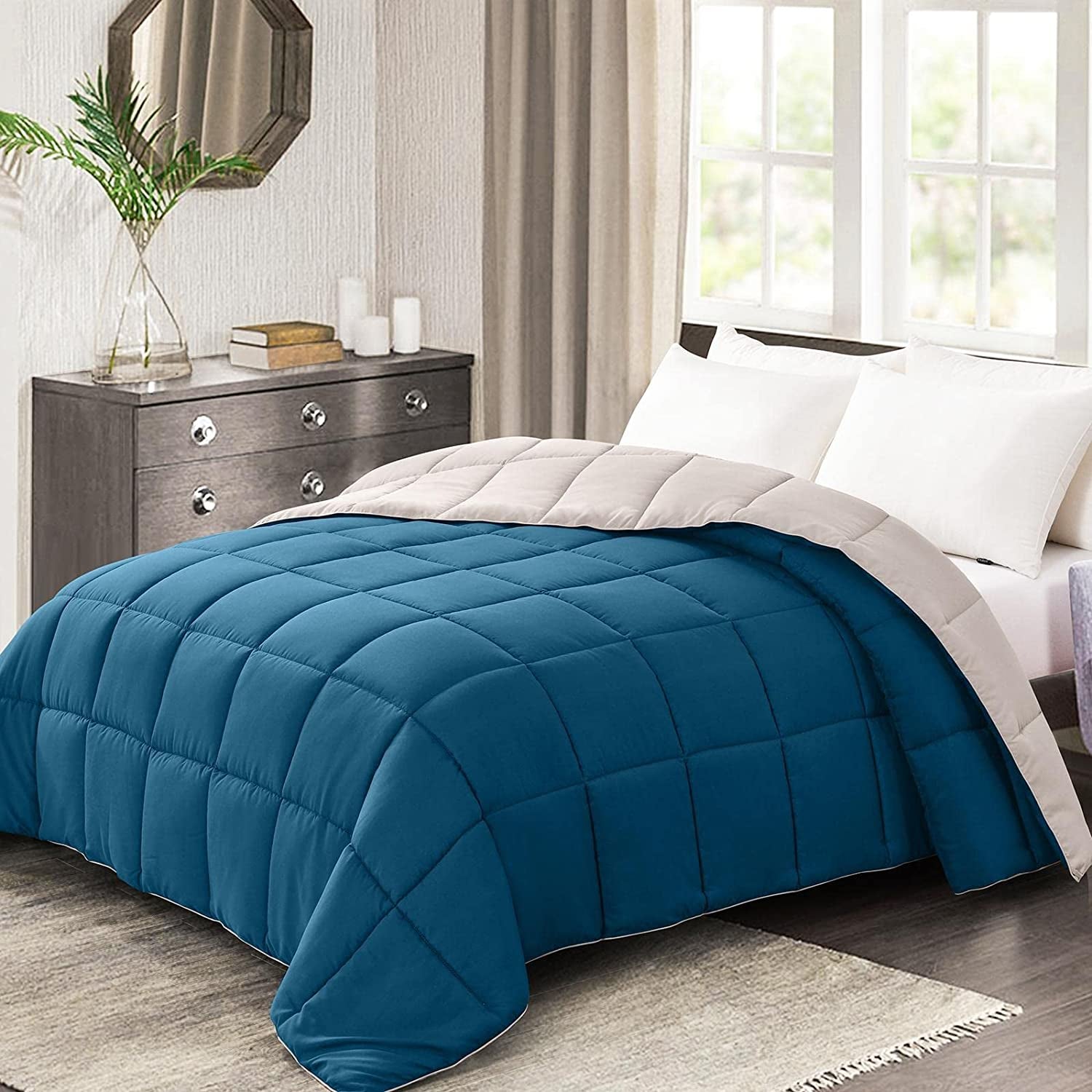 Lightweight King Comforter - Teal down Alternative Bedding Comforters King Size, Reversible Comforter- King Size Teal/Ivory