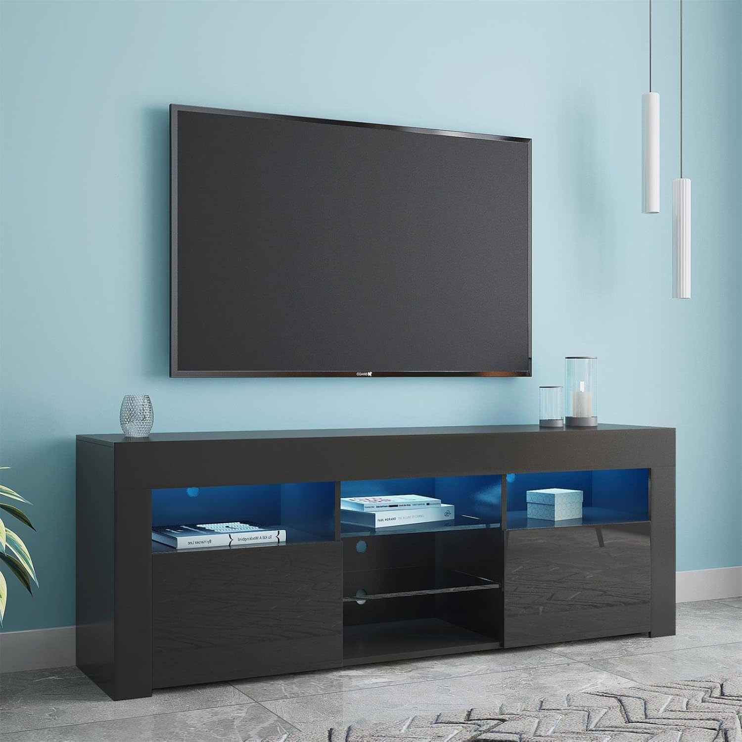 Modern TV Stand,57" TV Console Matte Body High Gloss Fronts with 16 Color Leds for 65 Inch Tv, Wood  (Black)