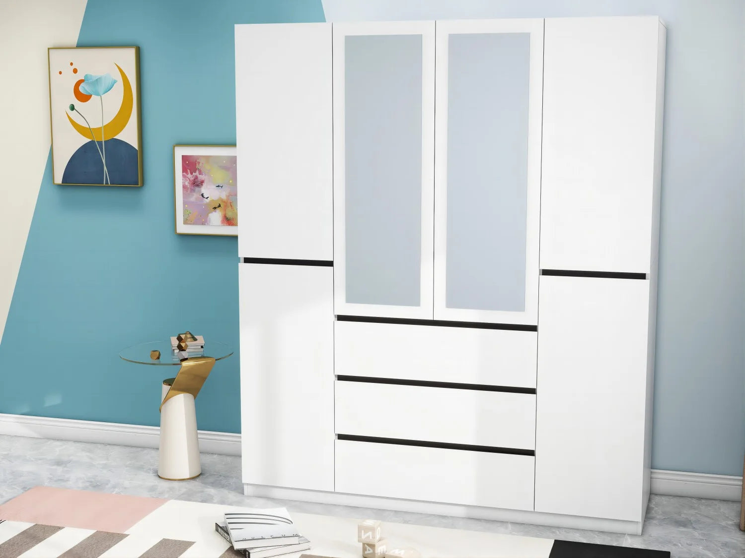 Solid Wood Family Wardrobe 6-Door with Mirror and 3 Drawer (White,W62.99 X D20.28 X H78.74)