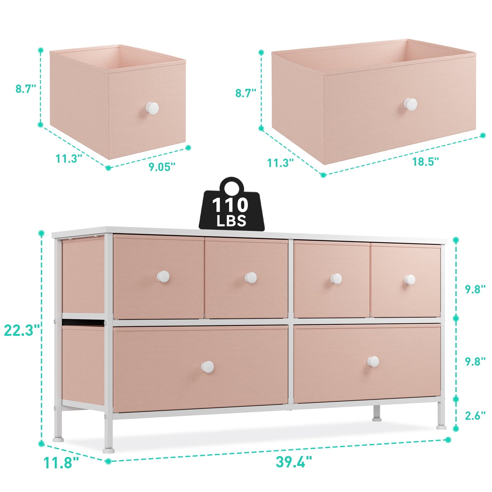 Pink Dresser, Dressers & Chests of Drawers, Dresser TV Stand with 6 Drawers, Pink Wide Fabric Dressers TV Console Storage Unit, Pink