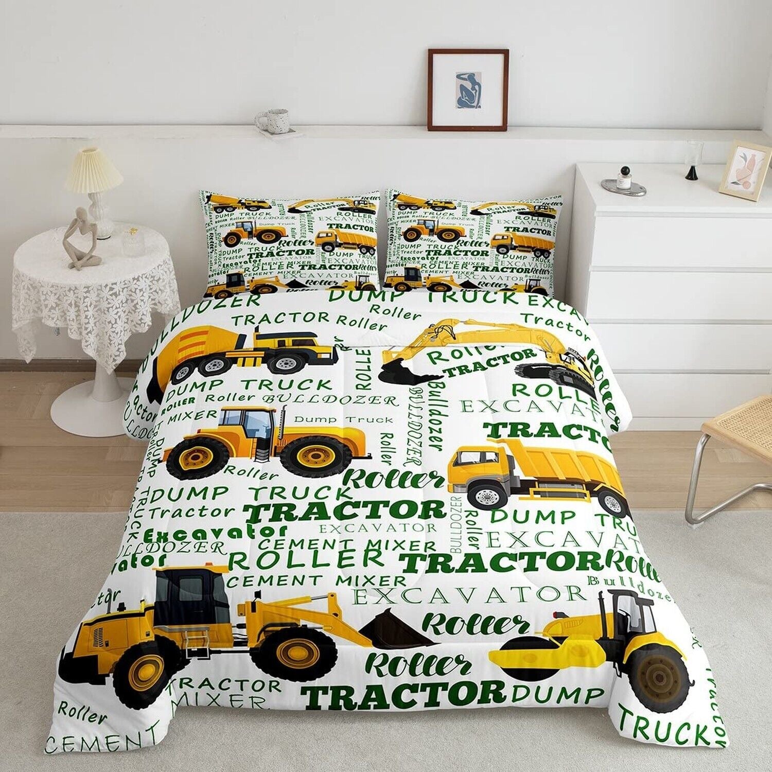 Yellow Truck down Comforter Twin Cartoon Construction Bedding Set