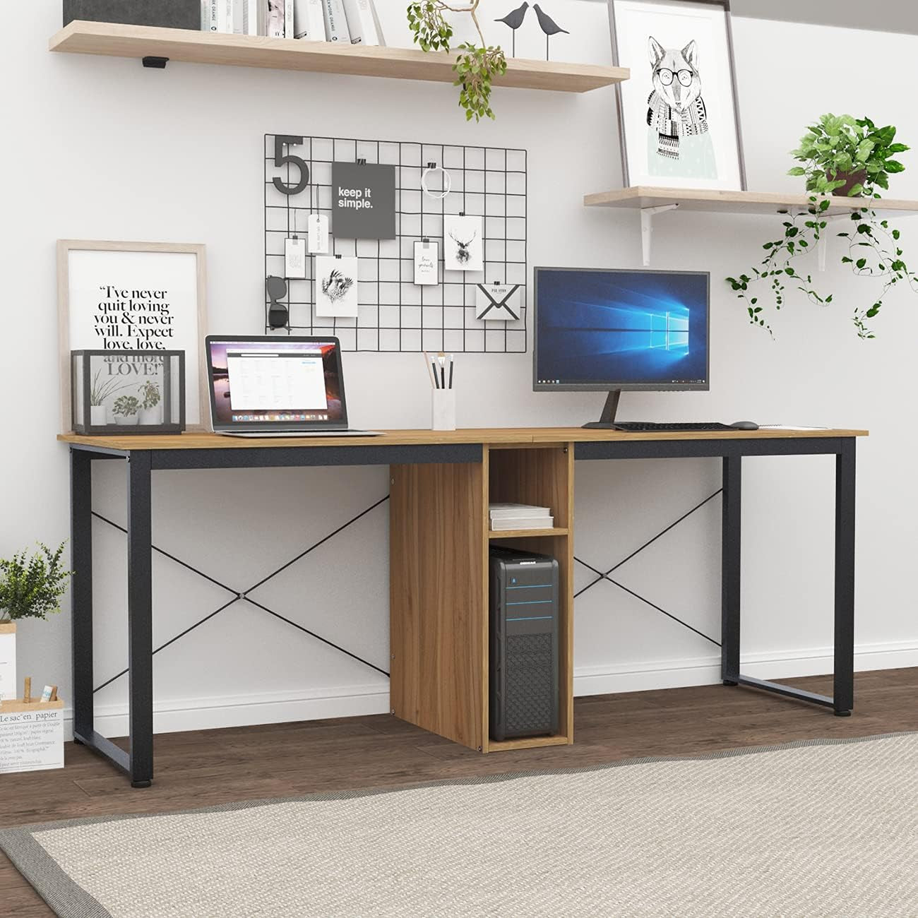 2 Person Desk, 78 Inch Large Dual Desk with Storage Cube, Long Computer Desk for 2 Person, Oak