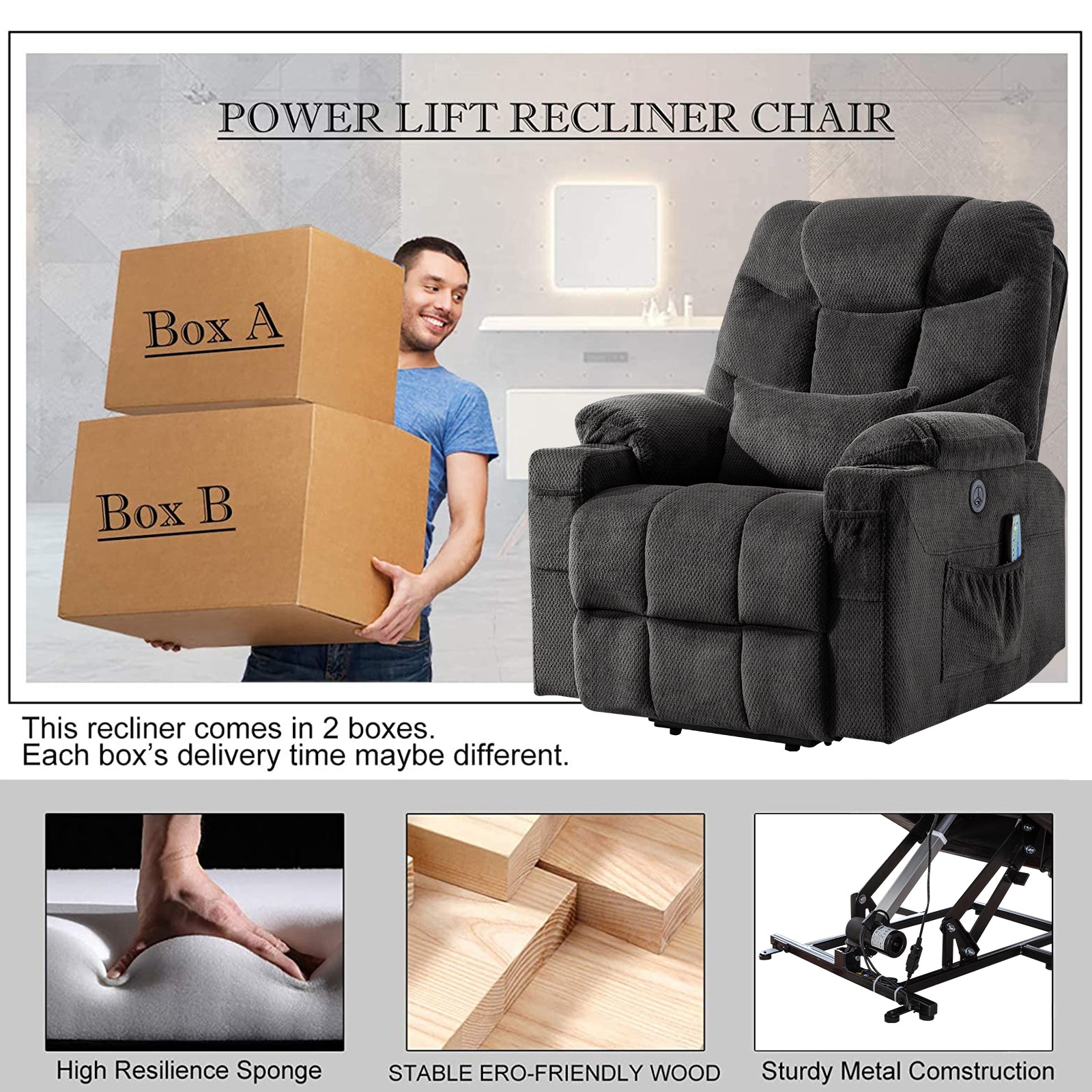 Power Lift Recliner Chairs Velvet Electric Vibration Massage Heat Remote Control USB Port Dark Gray