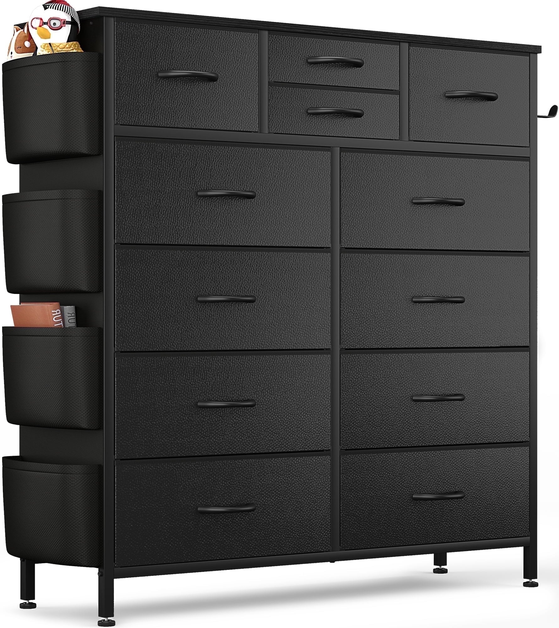 12 Drawer Dresser, Black Dresser Chest of Drawers with Side Pockets and Hooks, Black