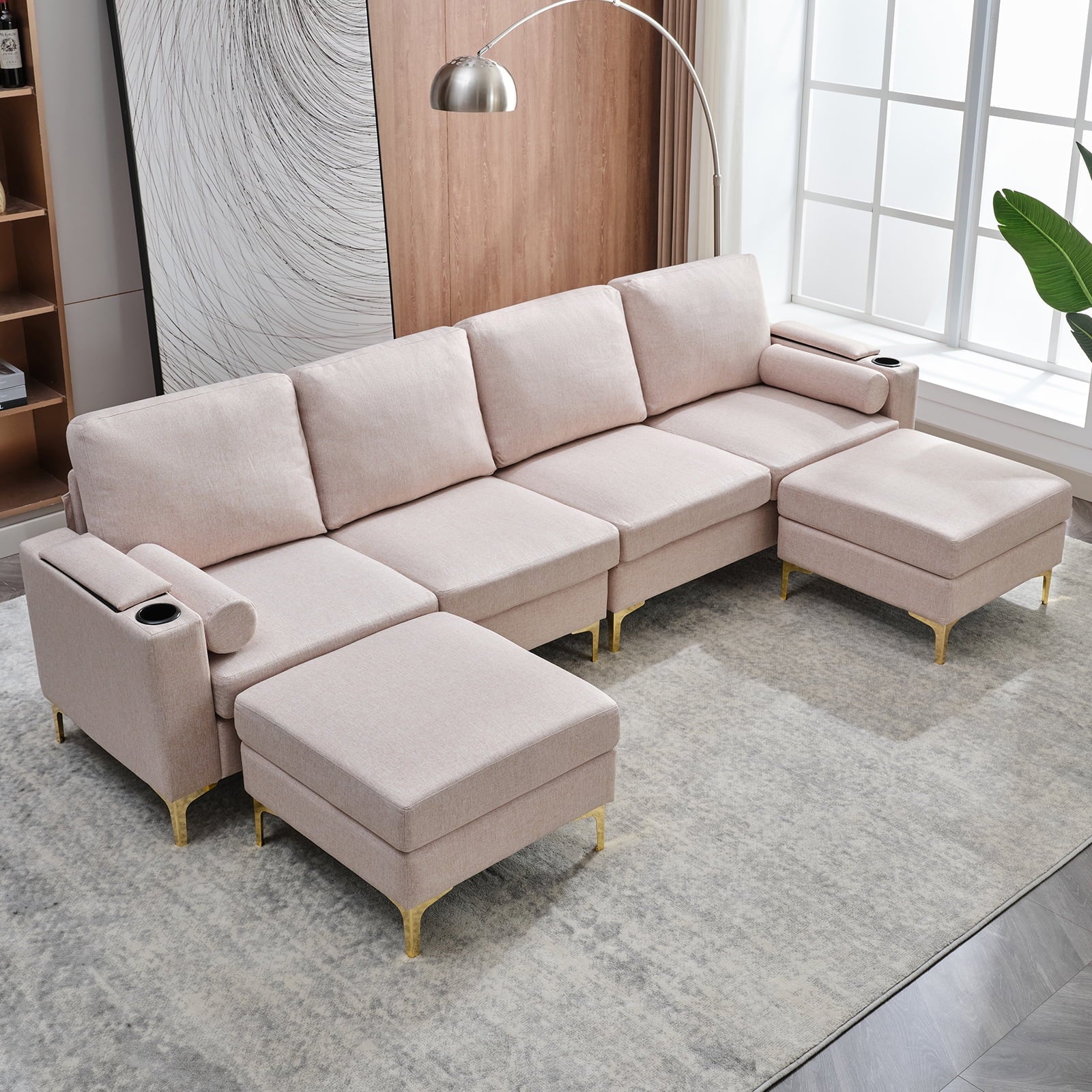 U Shaped Sectional Sofa with Metal Frame - Beige