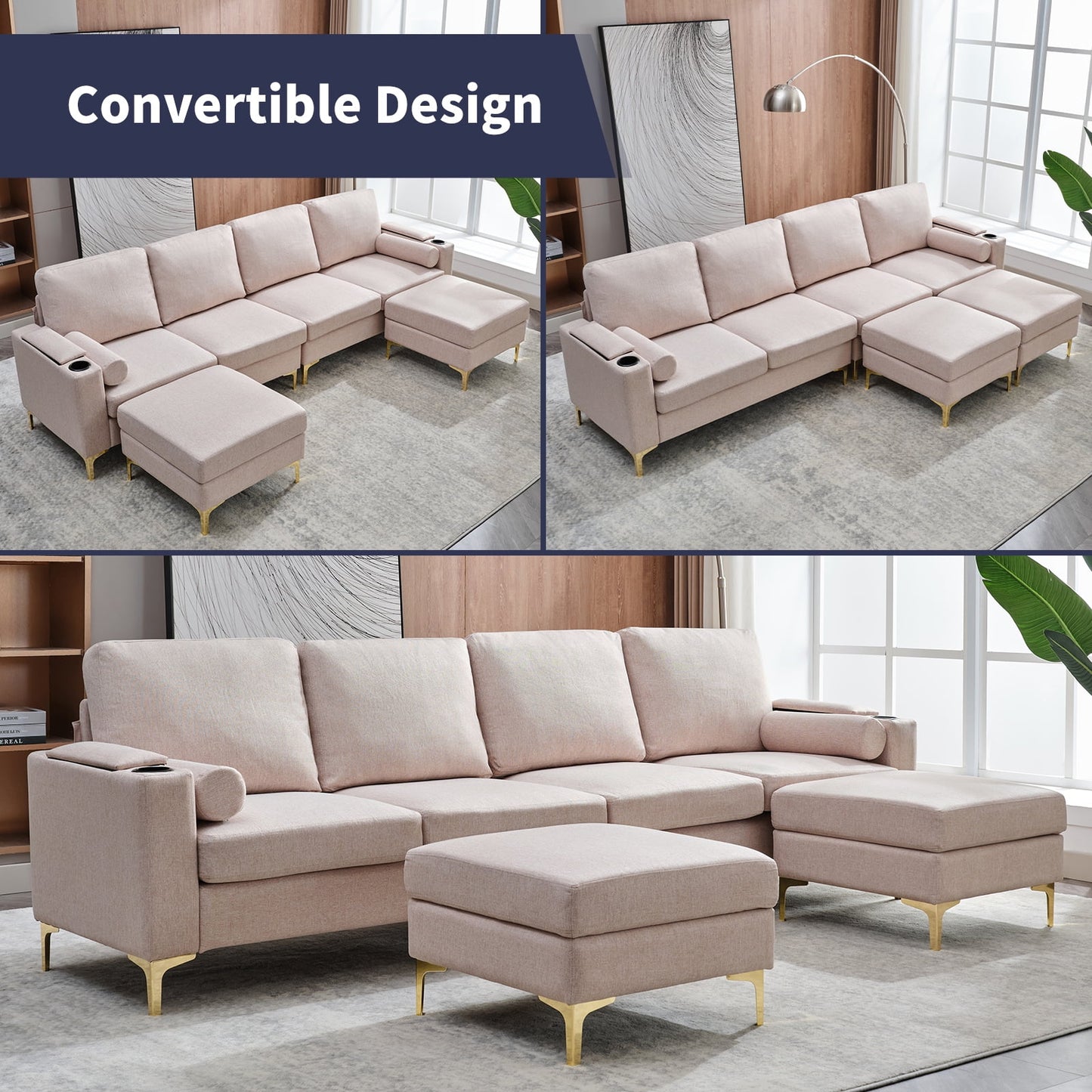 U Shaped Sectional Sofa with Metal Frame - Beige