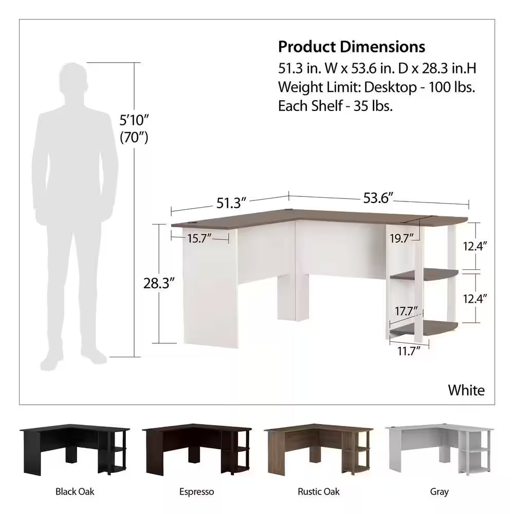 53.6 In. L-Shaped White Stipple Computer Desks with Cable Management