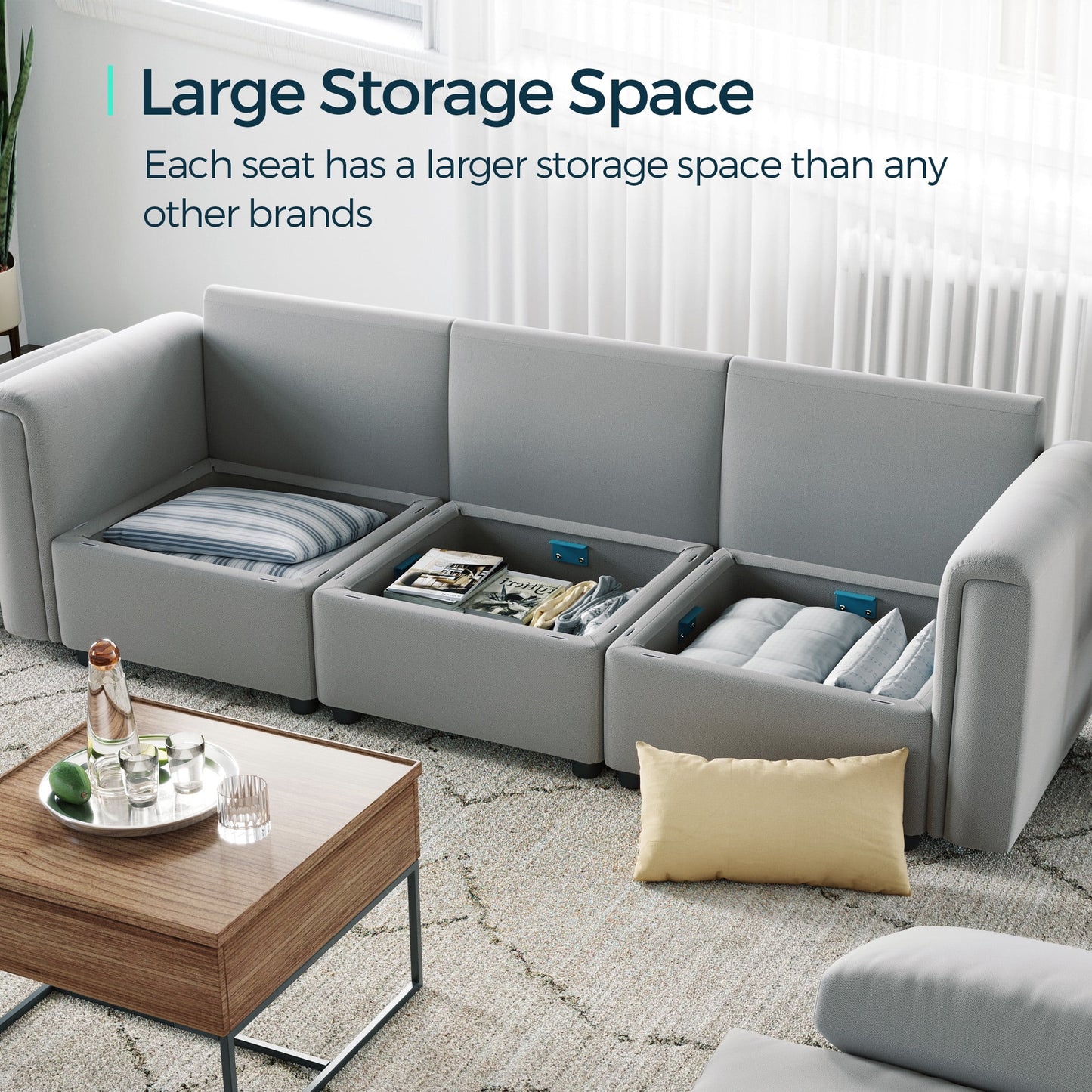 Modular Couches and Sofas Sectional with Storage, 6 Seat Sectional Sofa for Living Room, U Shaped Sectional Couch with Reversible Chaises, Light Gray