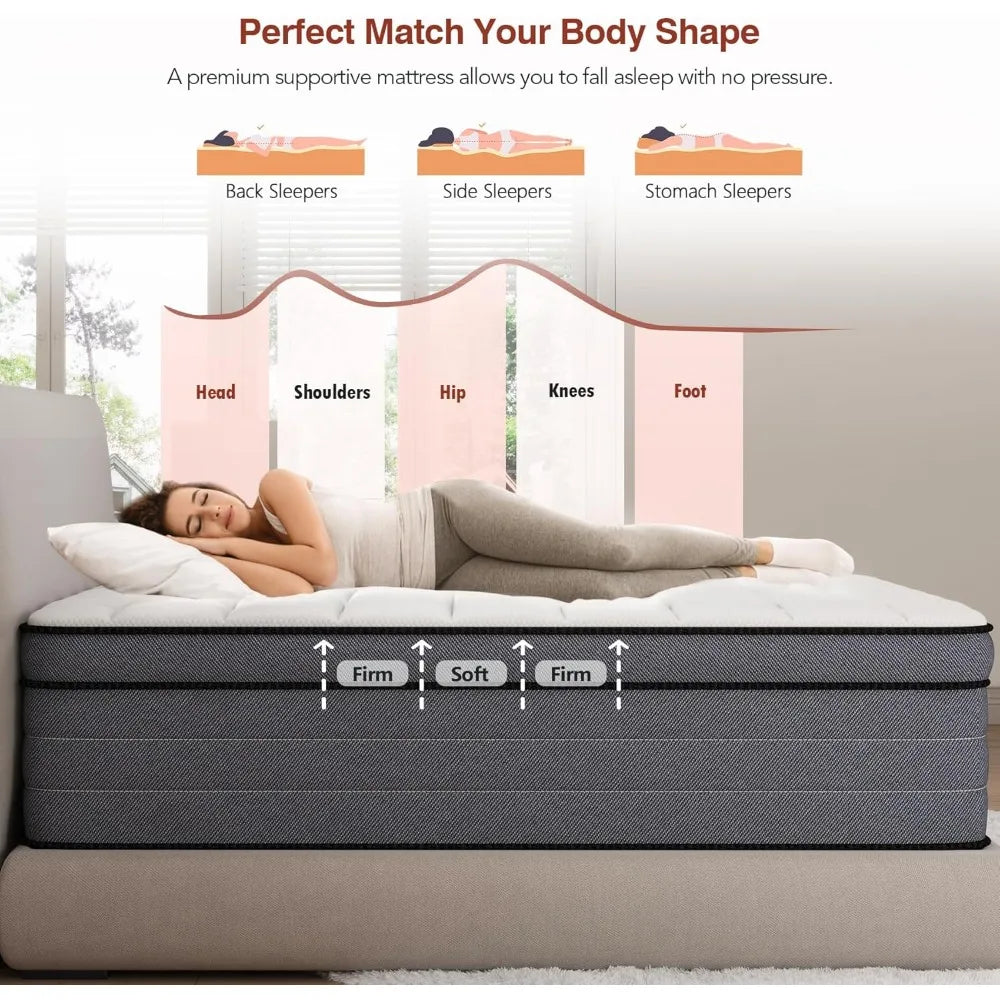 Full Size Mattress, 12 Inch Hybrid Mattress, with Gel Memory Foam and Pocketed Springs, Plush Feel Medium Firm Mattress Full