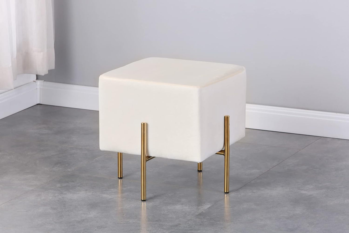 Velvet Ottoman Stool Set of 2, Cream Modern Gold Vanity Stool Square, Contemporary Foot Stool Ottoman, (Cream)