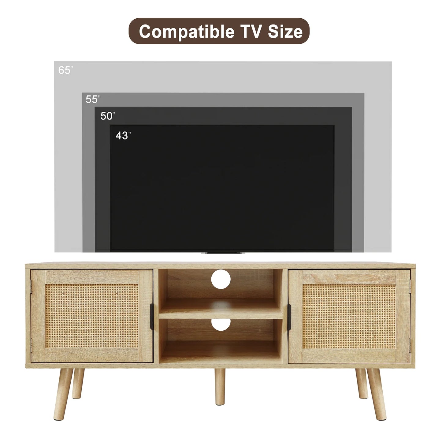 Farmhouse TV Stands for 55 Inch Tv,Wood Media Entertainment Center Cabinet Console Table with 2 Rattan Doors, Natural Oak