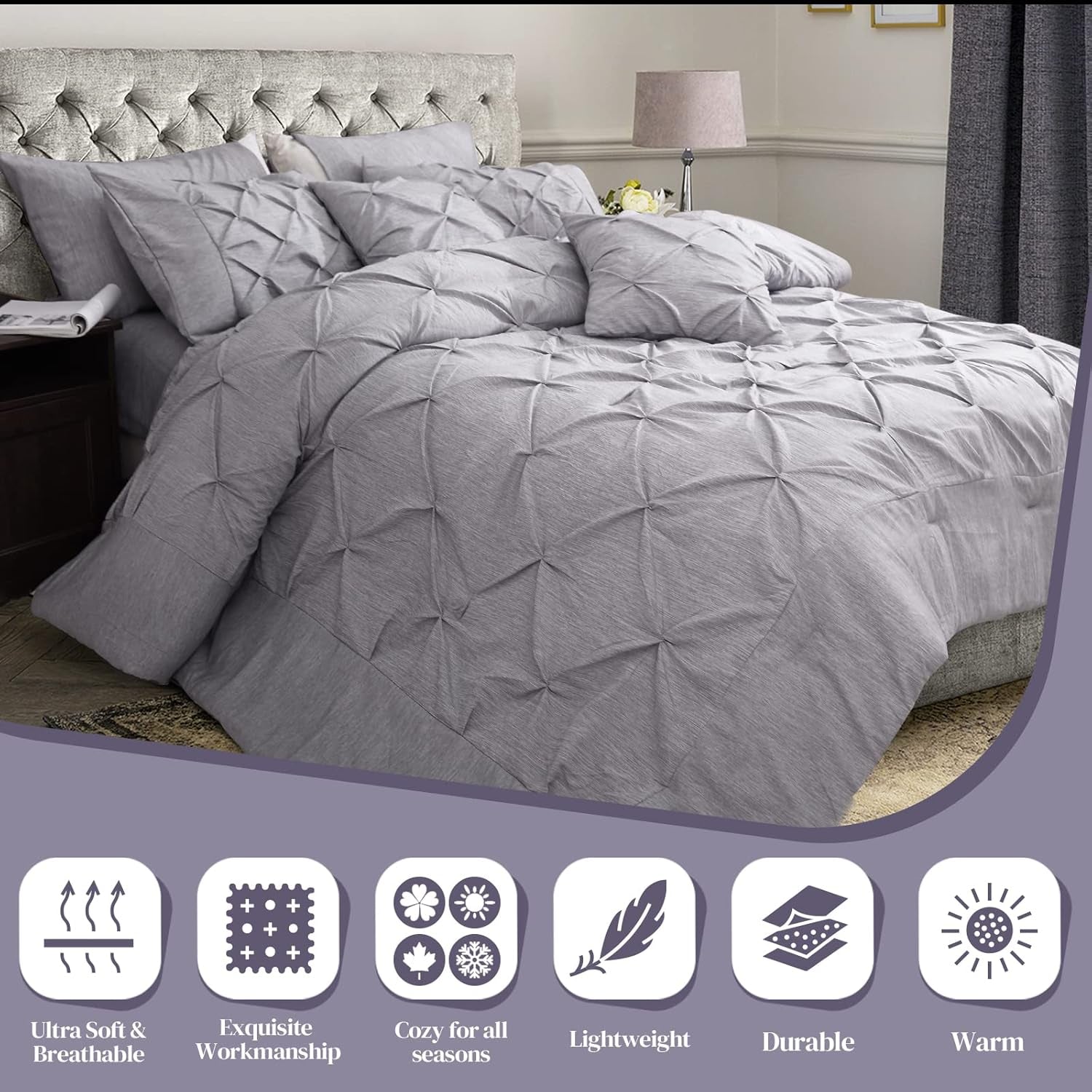 Full Size Comforter Set, (82"X86") Bedding Sets Cationic Dyeing, Pintuck Comforter & 2 Pillow Shams, Fluffy down Alternative Quilt