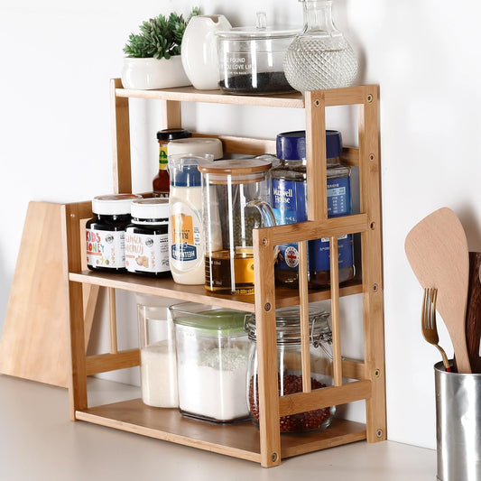 Bamboo Spice Rack Storage Shelves-3 Tier for Kitchen Counter