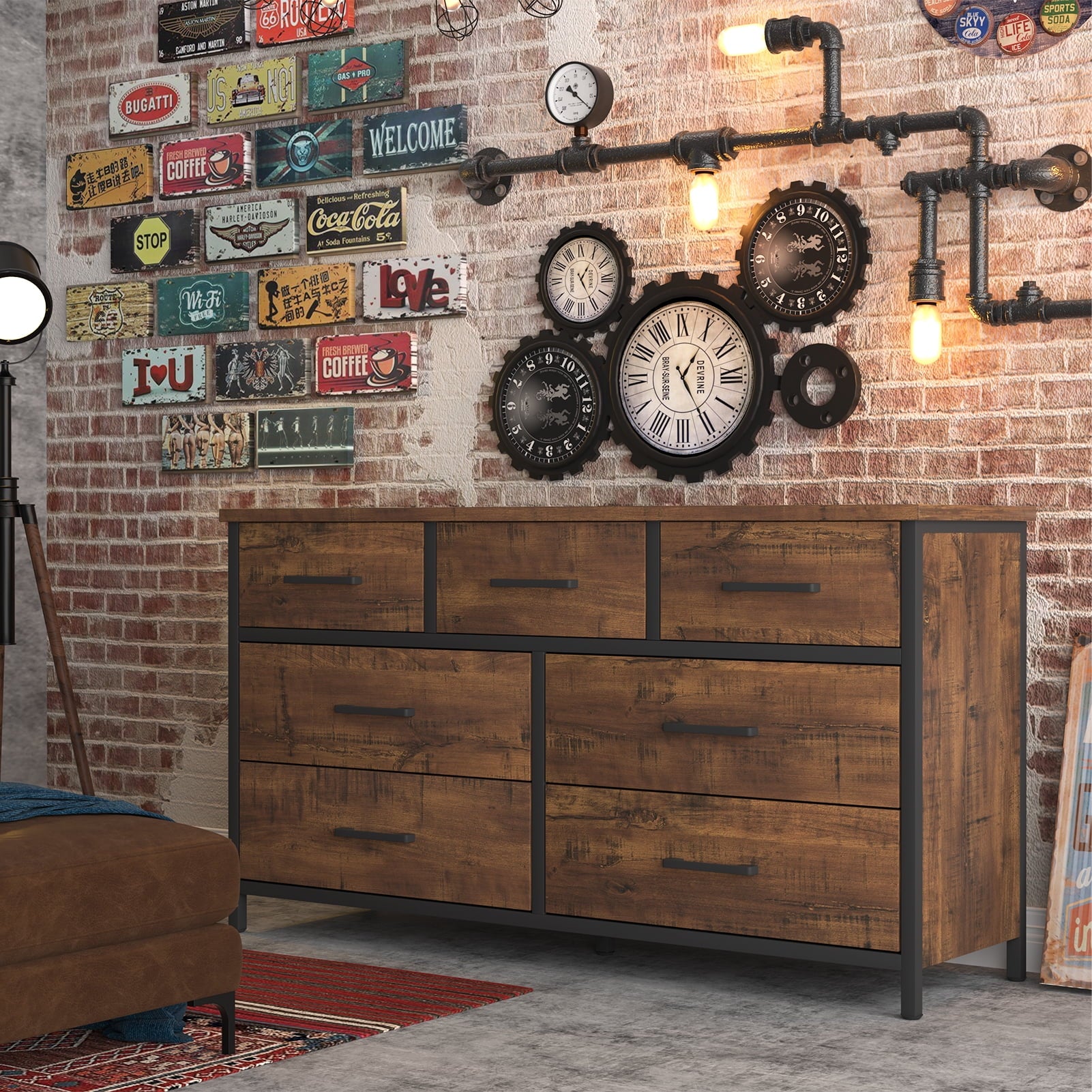 7 Drawer Dresser, Industrial Wood Storage Dressers & Chests of Drawers with Sturdy Steel Frame