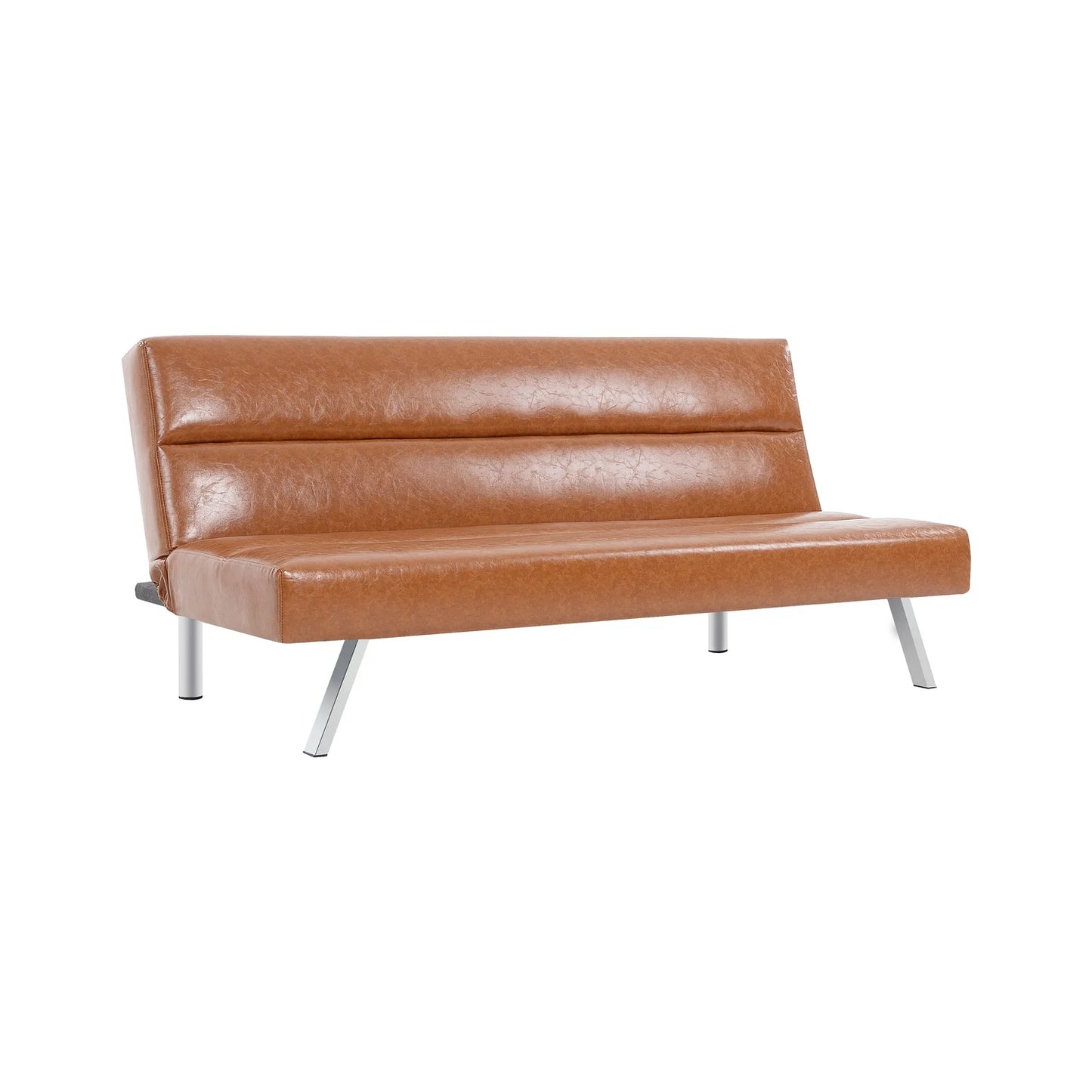 Faux Leather Futon Couch, Chrome Legs, Reclining Mini Couch - Caramel