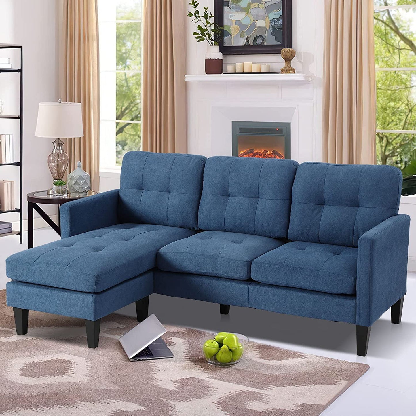 L-Shaped Couch Modern Sofa Set with 3-Seat Couch and Reversible Chaise (Blue)