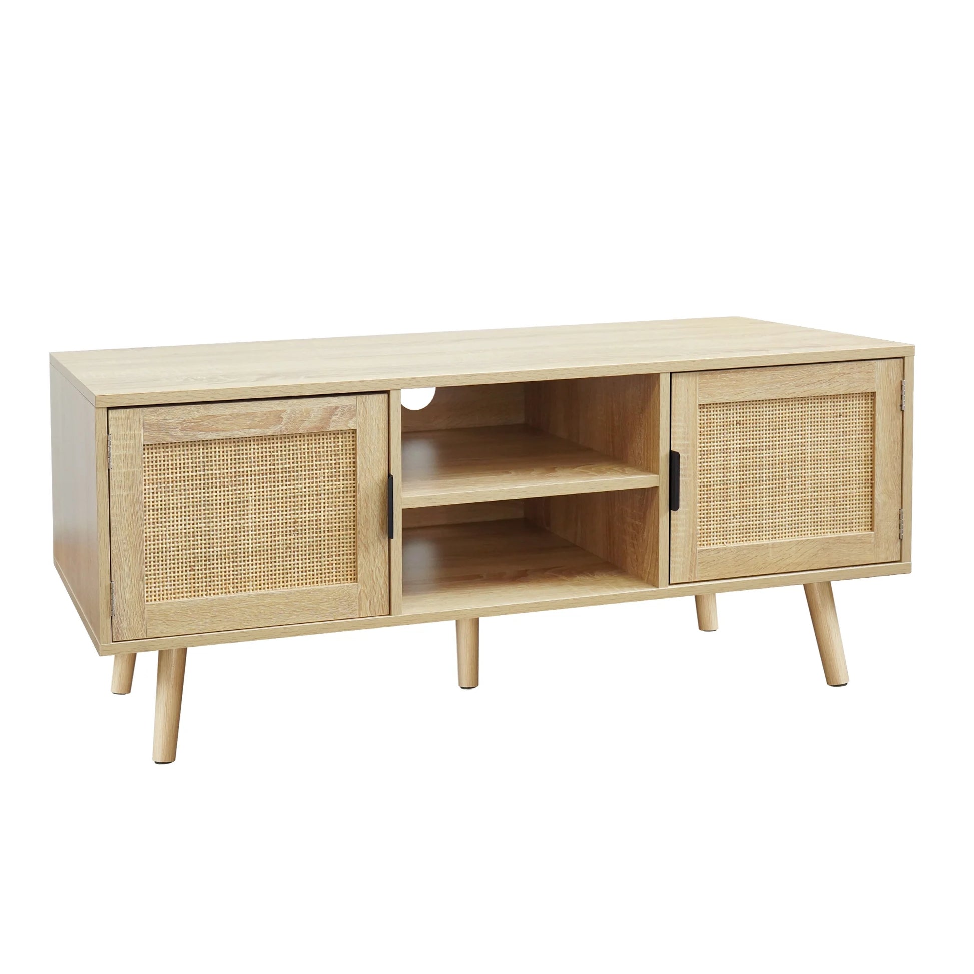 Farmhouse TV Stands for 55 Inch Tv,Wood Media Entertainment Center Cabinet Console Table with 2 Rattan Doors, Natural Oak