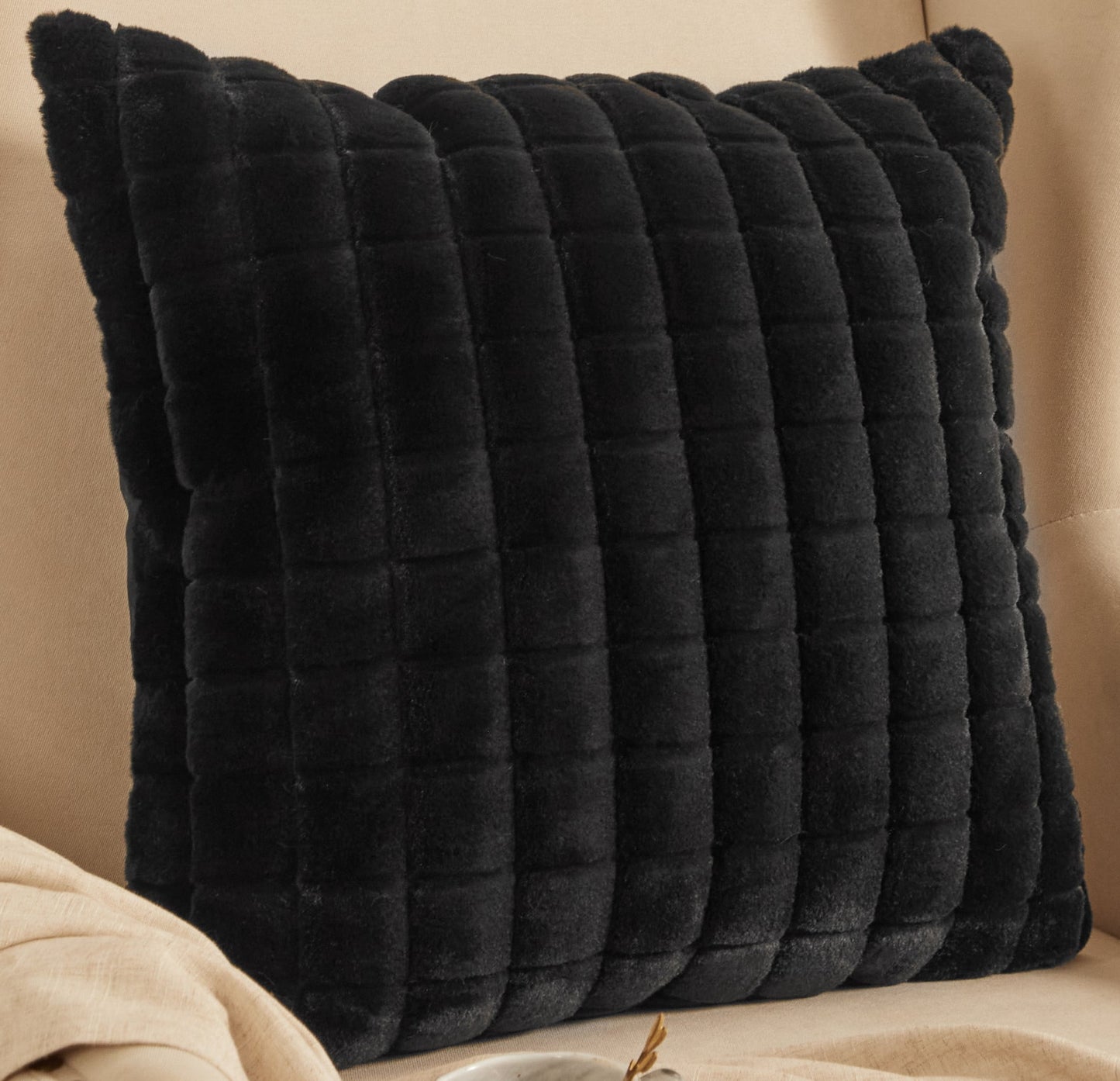 Square Tile Faux Fur Black Pillow, 20 in X 20 In, Polyester Fill