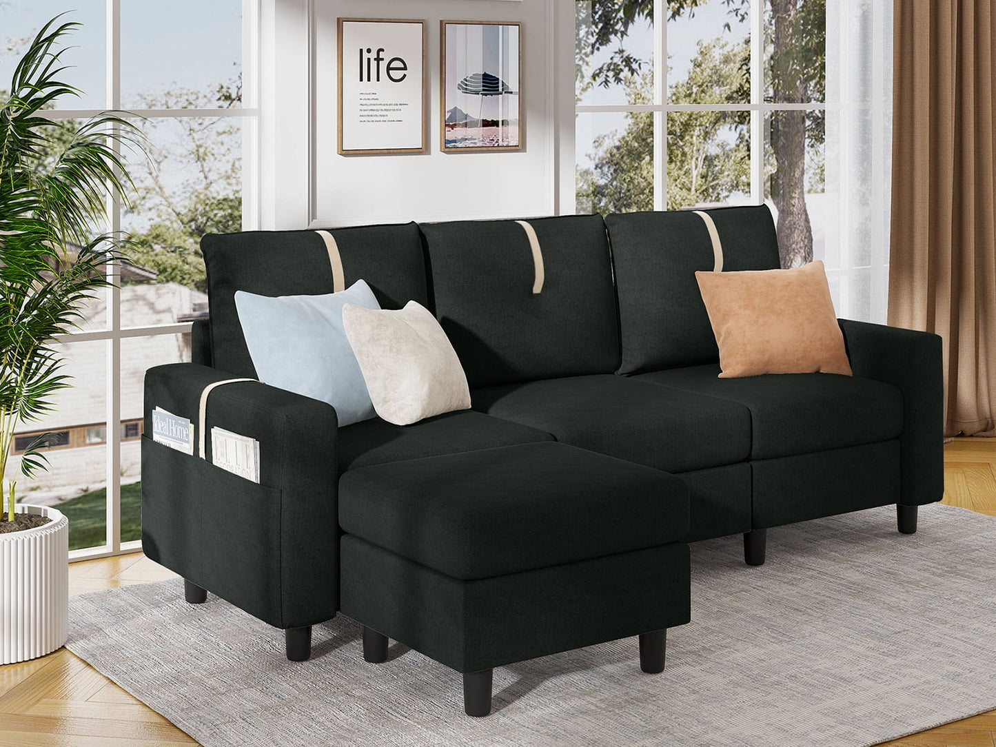 Sherpa Sectional Sofa with Footstool, Black