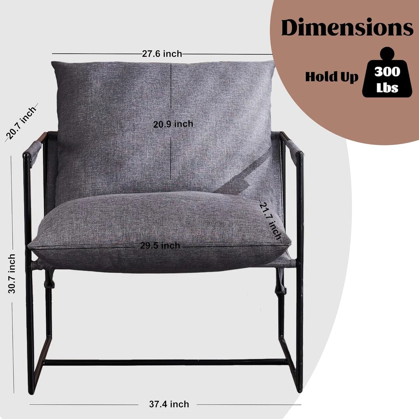 Modern Accent Linen Sling Chair, Metal Framed Armchair with Soft Bag Cushion, Dark Grey