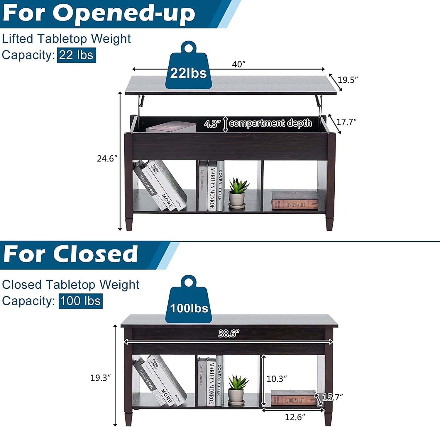 Lift Top Coffee Table,  Lift Top with Hidden Compartment/3 Open Shelves