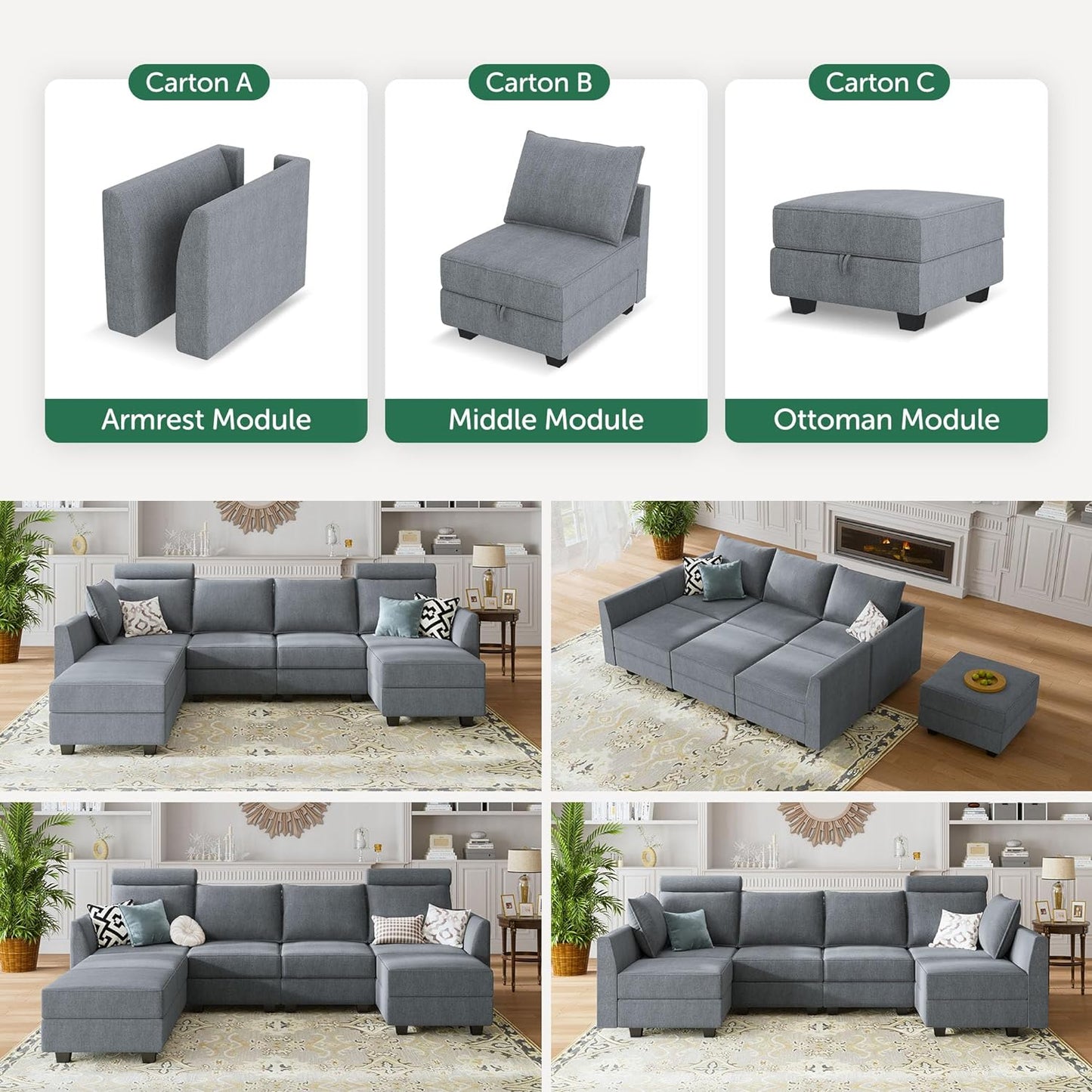 Modular Sectional Sofa U Shaped with Reversible Chaise with Storage, Bluish Grey