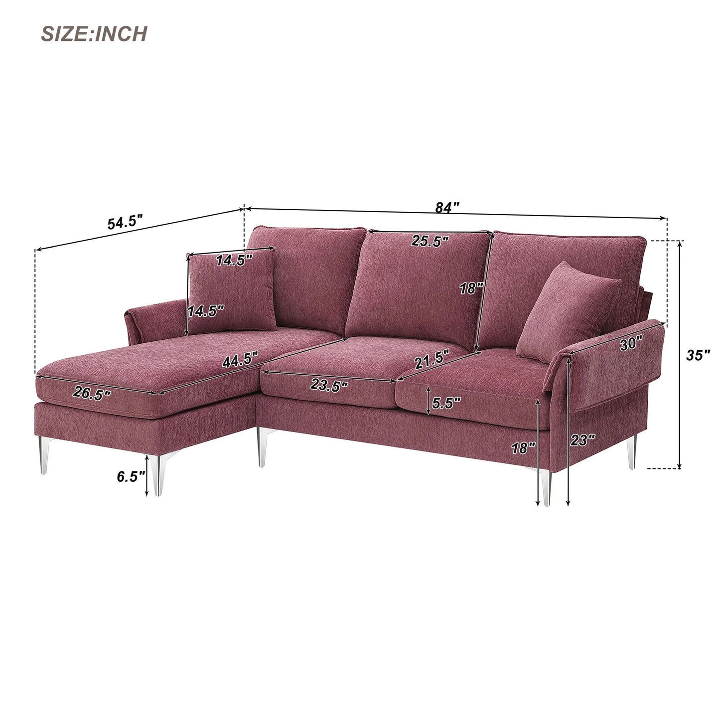 84" Convertible Sectional Sofa Couch, L Shaped Couch with 2 Pillows, 3 Seater, Pink