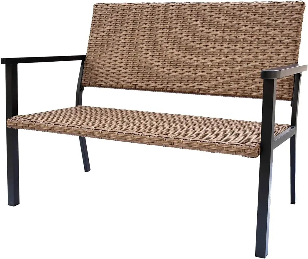 Outdoor Patio Bench Chair, Metal Frame, Natural All Weather Wicker Patio Benches