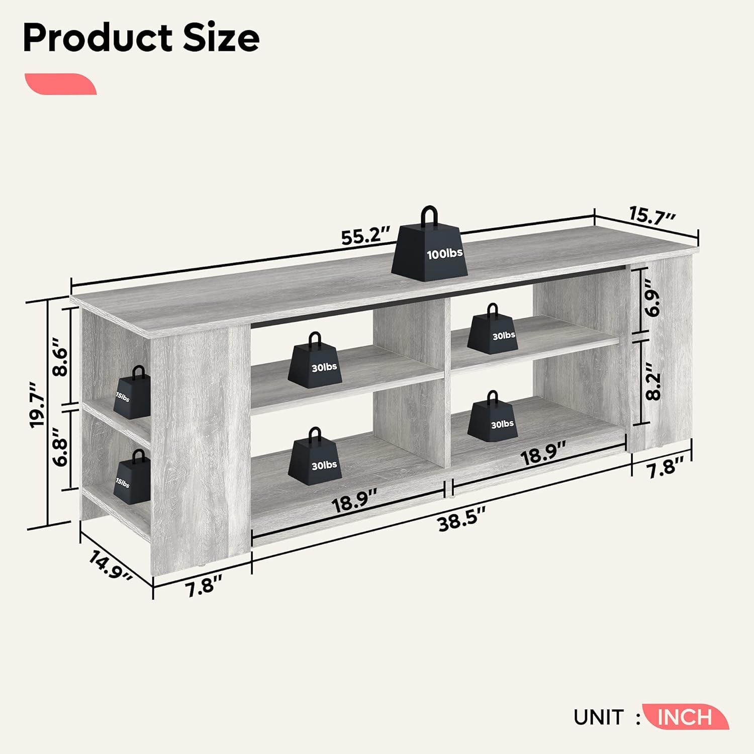 TV Stand for 55 Inch TV, Wood Entertainment Center, TV Console with Shelves, Light Grey