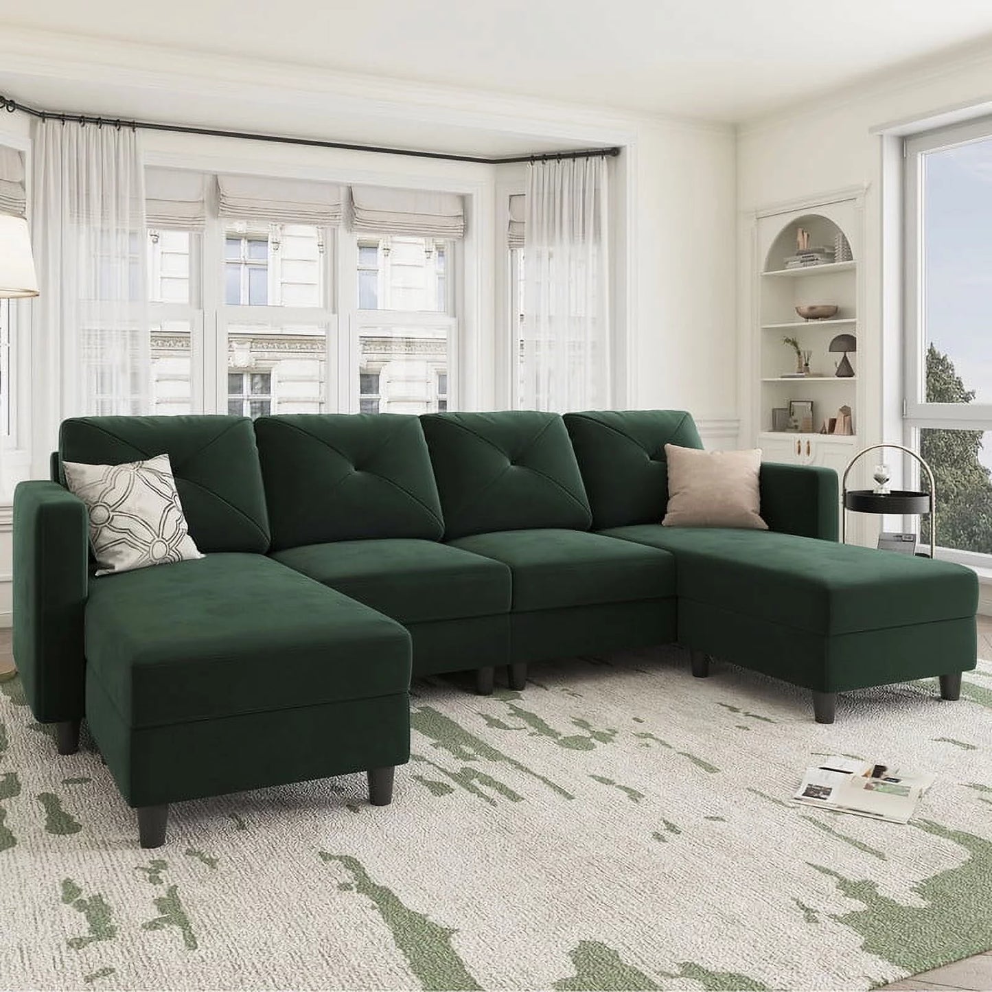 100" Velvet Convertible Sectional Sofa U-Shaped Sectional Couch, Green