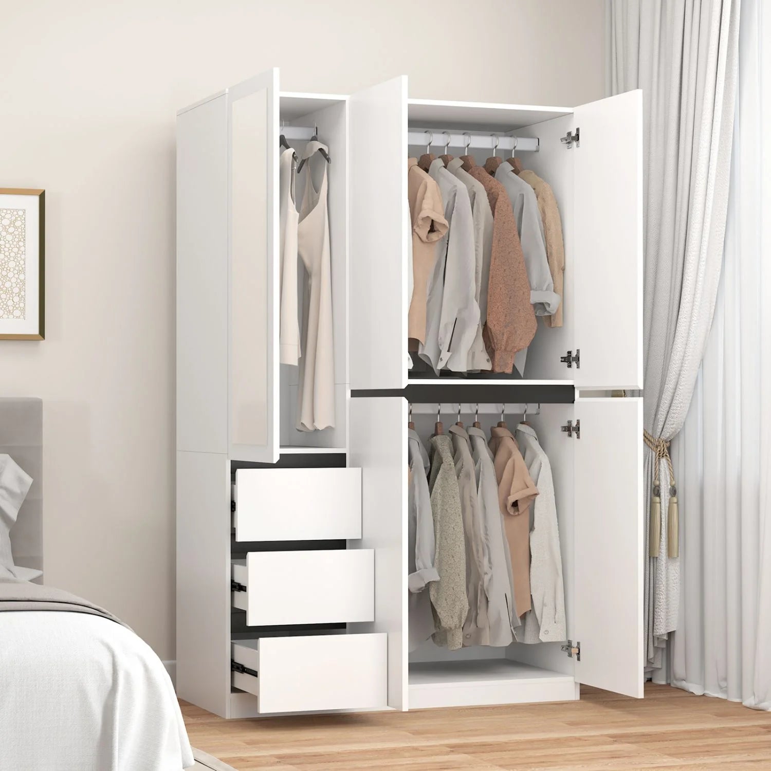 Wardrobe Armoire Closet with Glass Mirror, White Freestanding Wardrobe (W47.24*D20.28*H78.74)