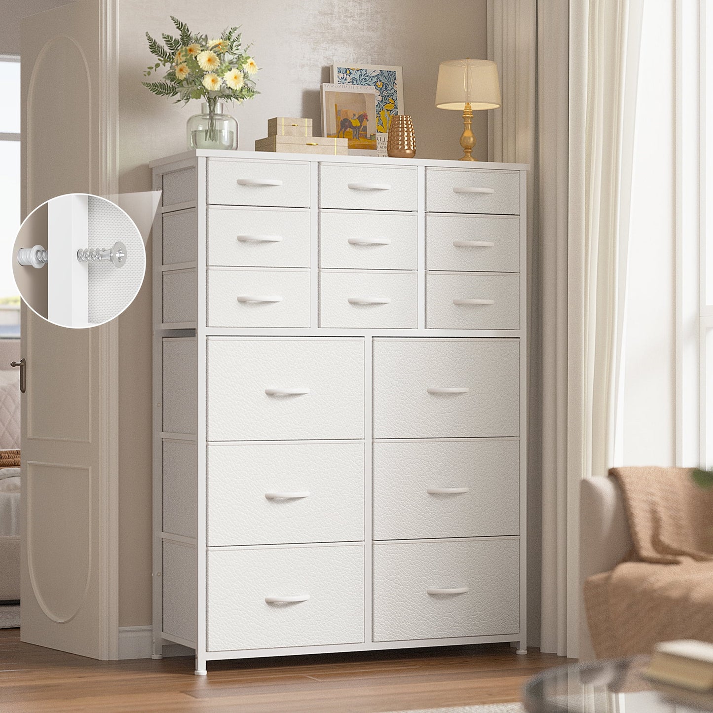 15 Drawer White Dresser, Tall Dressers with 15 Drawers, with Wood Top and Metal Frame, White