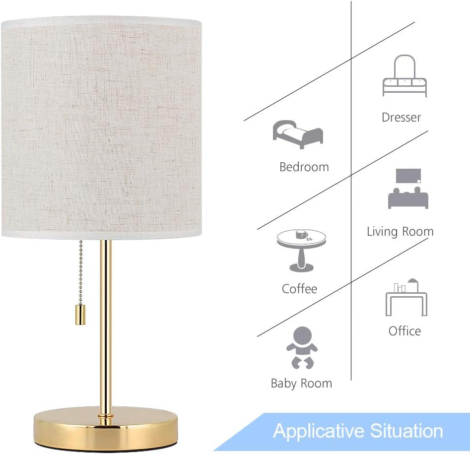 Table Lamp, Gold Nightstand Lamp, Metal Table Lamp with Linen Shade