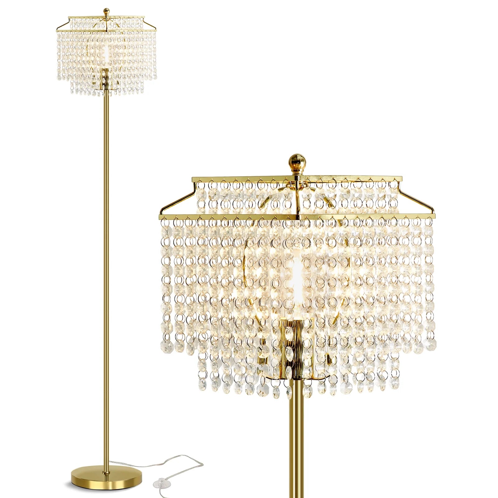 Crystal Floor Lamp Gold, Modern Double-Layer Lampshade, Elegant Standing Lamp with On-Off Foot Switch