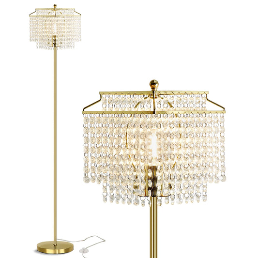 Crystal Floor Lamp Gold, Modern Double-Layer Lampshade, Elegant Standing Lamp with On-Off Foot Switch