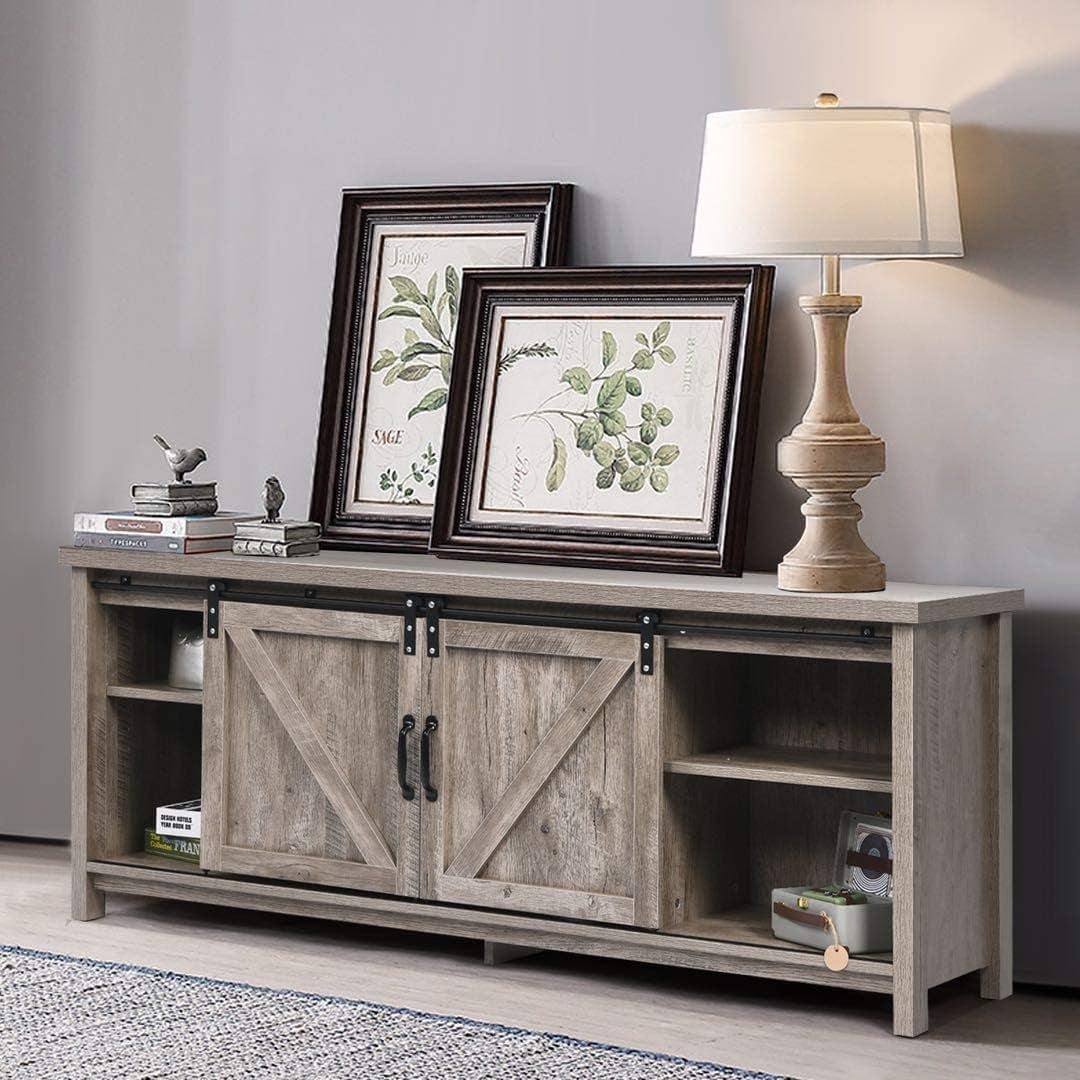 Farmhouse TV Stand with Sliding Barn Doors Entertainment Center for 65 Inch TV, Rustic Gray Wash