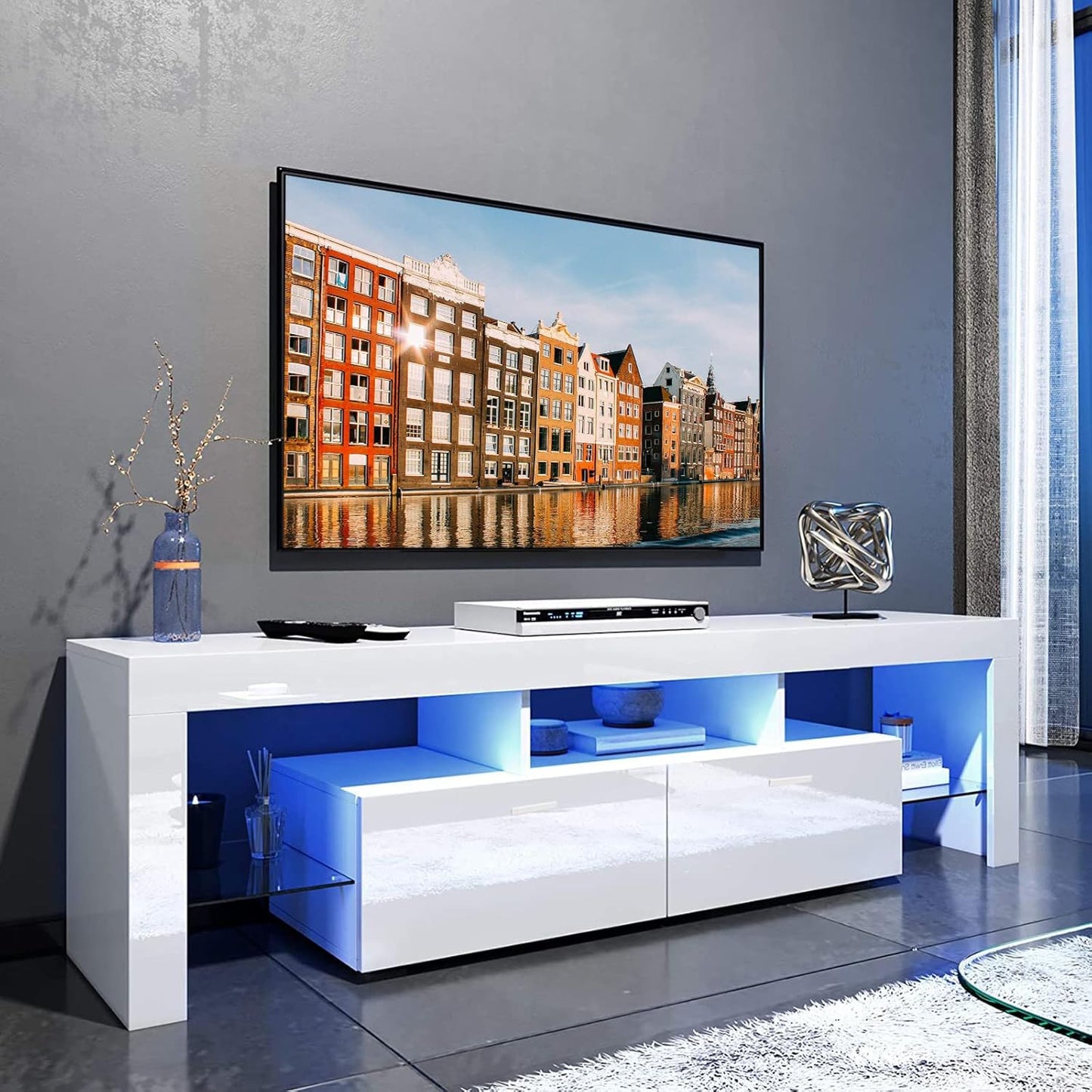 Modern White LED TV Stand with 16 Colors Light, for 70 Inch Tvs