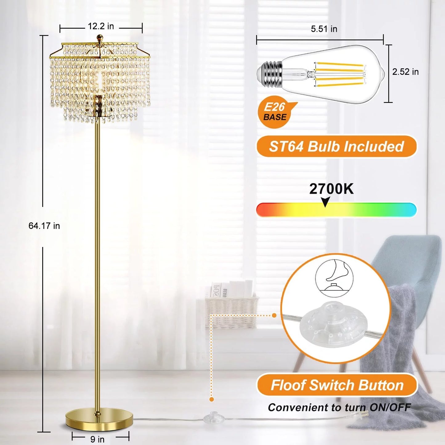 Crystal Floor Lamp Gold, Modern Double-Layer Lampshade, Elegant Standing Lamp with On-Off Foot Switch