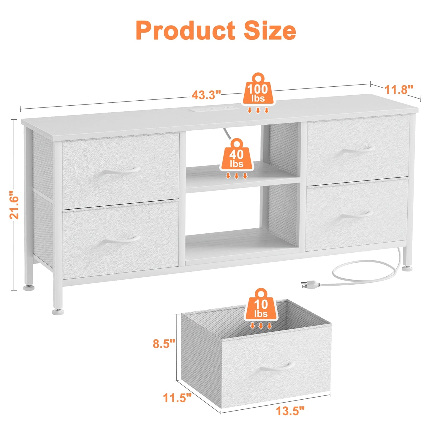 White Dresser TV Stand, 4 Drawer Dressers for Bedroom up to 50" TV Stand Chest of Drawers, Modern TV Stand Dresser