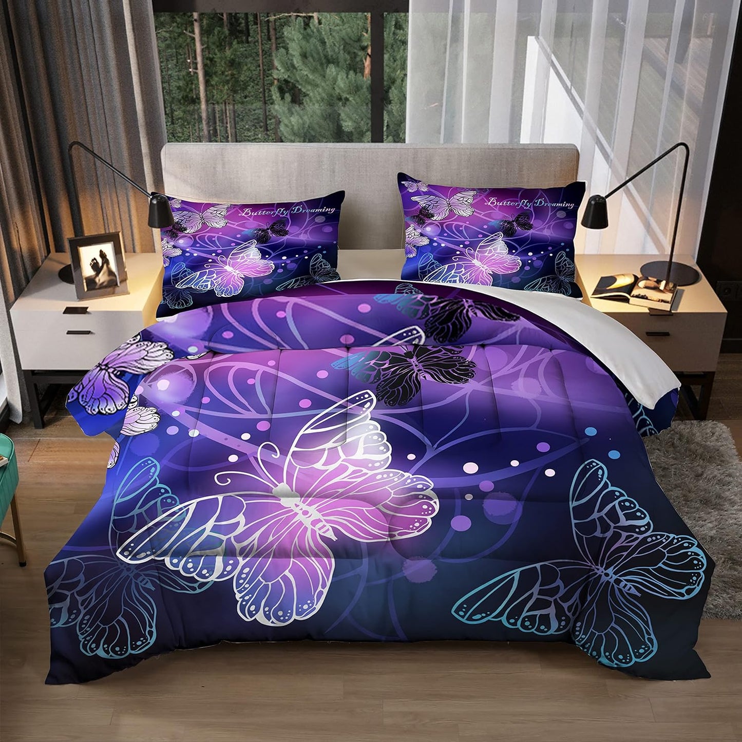 3D Purple Butterfly Bedding Twin Comforter Set, 3 Piece- Includes 1 Comforter and 2 Pillowcase