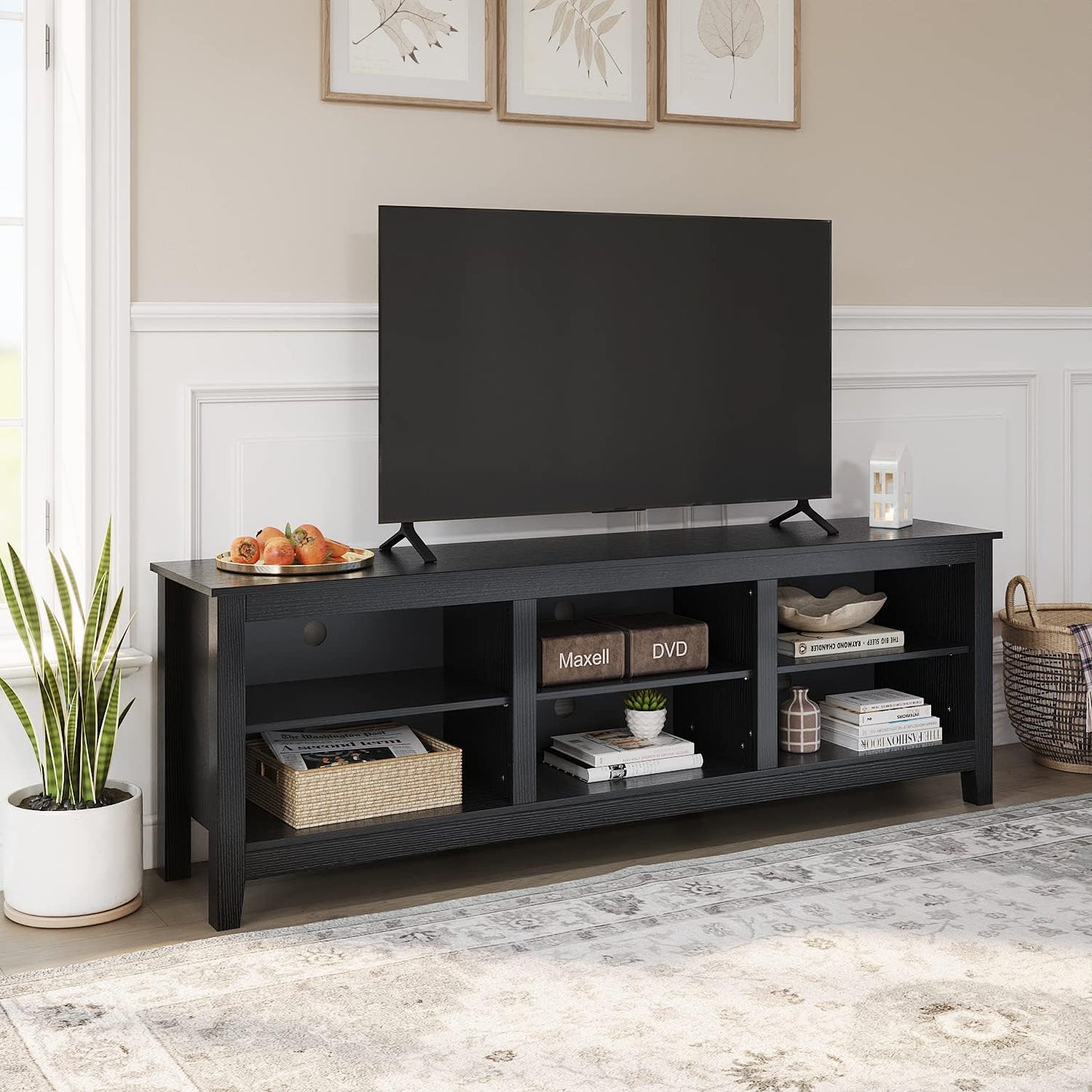 TV Stand, 6 Open Media Storage for Tvs up to 80 Inches, (70 Inches Black)