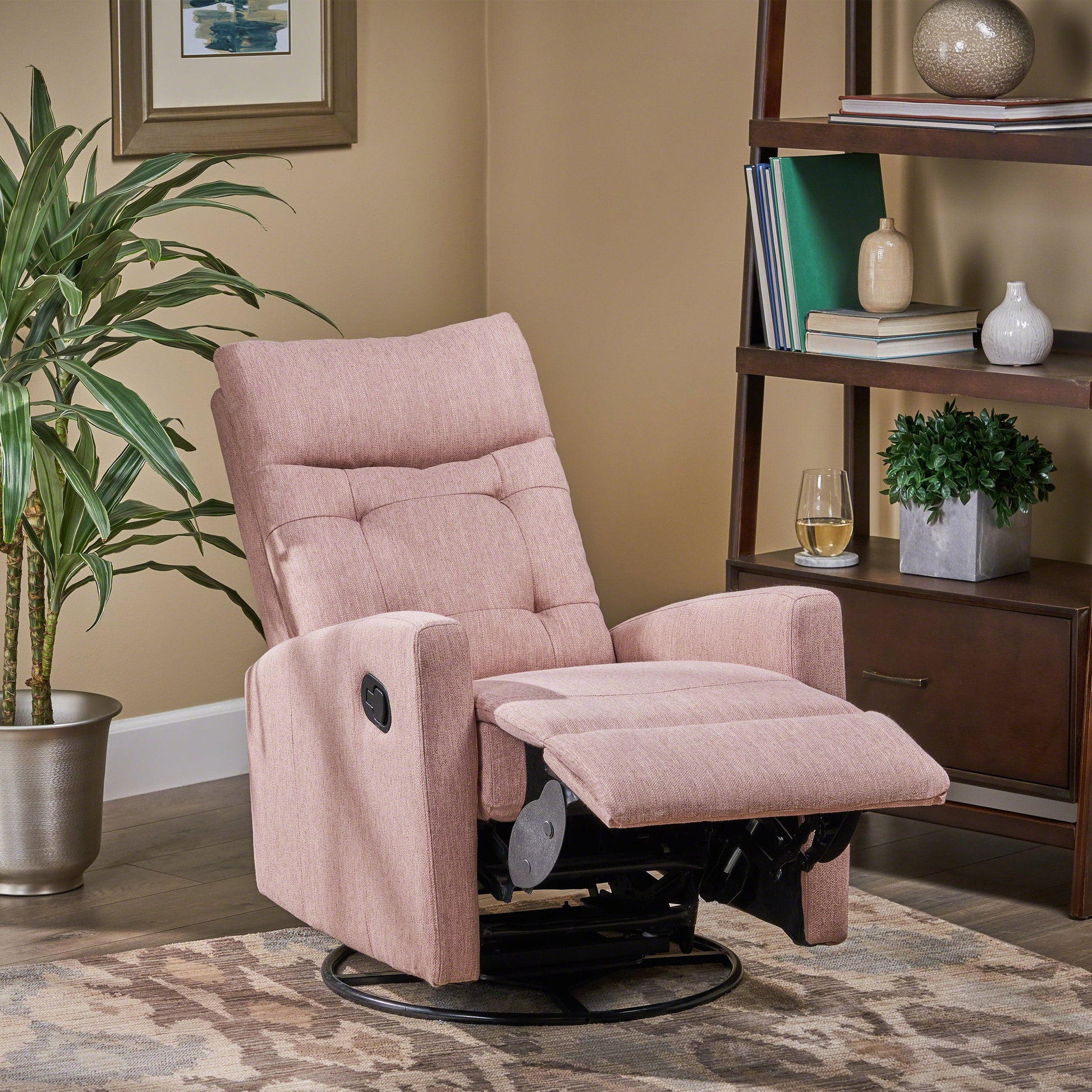 Kimpton Contemporary Fabric Tufted Glider Swivel Pushback Recliner, Light Blush and Black