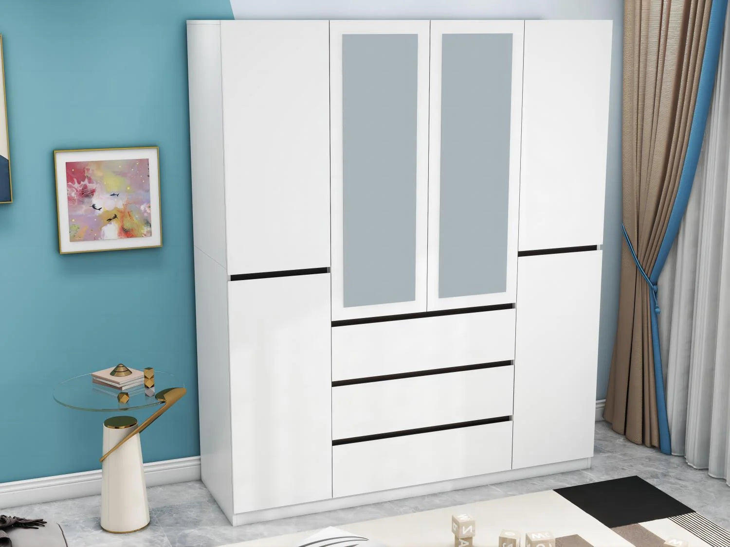 Solid Wood Family Wardrobe 6-Door with Mirror and 3 Drawer (White,W62.99 X D20.28 X H78.74)