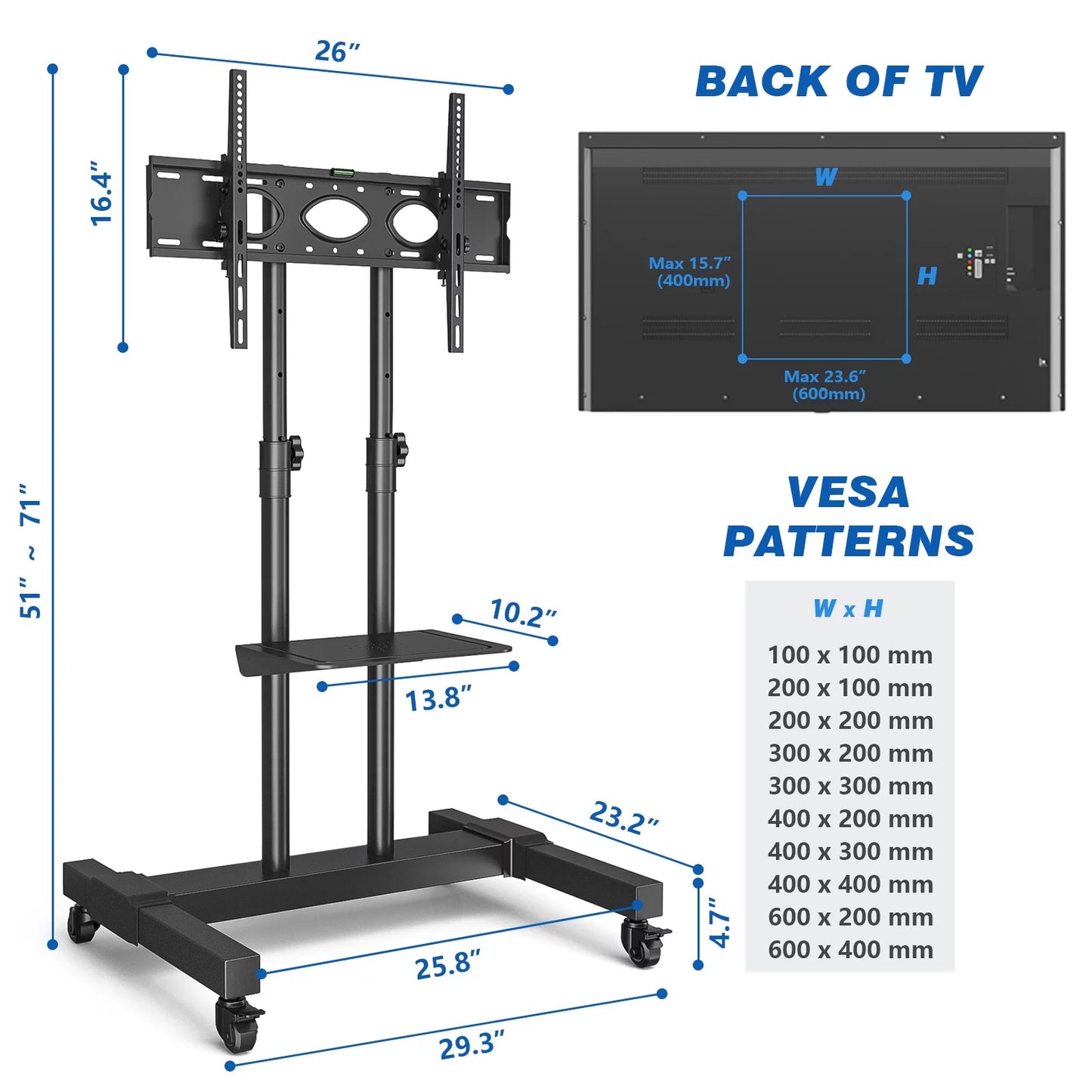 Wheels for Tvs up to 80 Inch Tilt Upgraded TV Cart, Black